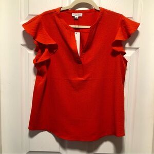 NWT Calvin Klein Women's Vibrant Orange Ruffle Cap Sleeve Flowy Blouse